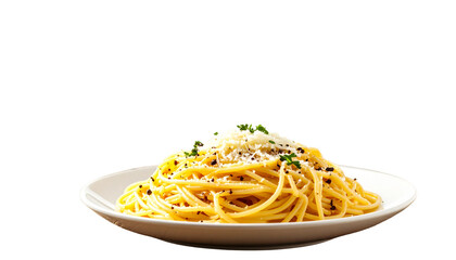 Close-up of steaming spaghetti carbonara topped with parmesan and cracked black pepper, served with a glass of red wine on a rustic wooden table isolated on solid white background Png