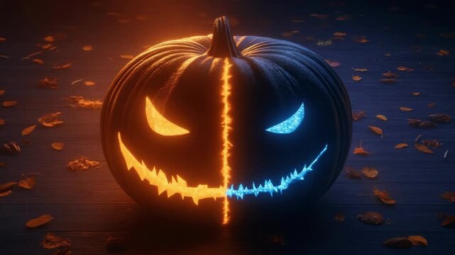 Jack-o'-lantern with a split personality featuring orange and blue glowing eyes and mouth, Halloween celebration concept. All Hallows Eve, Samhain - Spooky Holiday Season, Fall Festival