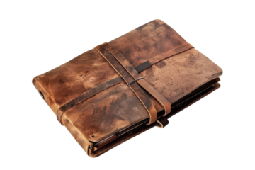 Leather journal resting on a flat surface with a vintage appearance and wrapped in a strap