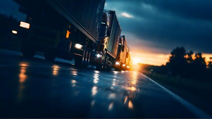 A cinematic view of a convoy of large freight trucks driving on a modern highway.