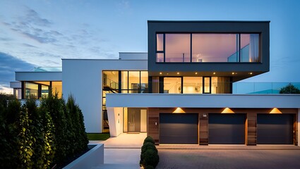 Modern house at dusk showing contemporary architecture and design features luxurious living and upscale real estate property