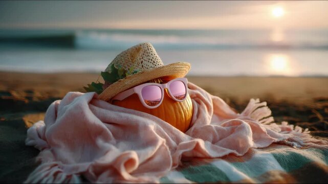 Pumpkin wearing a straw hat and pink sunglasses on a beach at sunset, autumn harvest leisure and Halloween holiday concept. All Hallows Eve, Samhain - Spooky Holiday Season, Fall Festival