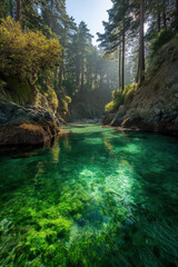 Forest lagoon with clear water. A calm, emerald-green lagoon surrounded by rocky cliffs and dense forest trees with sunlight filtering through the canopy
