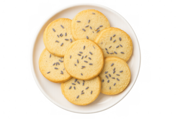 Round lavender shortbread cookies on a white plate, creating a tempting arrangement against a transparent background