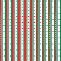 A festive seamless pattern of alternating red, green, and grey stripes with white dots and snowflakes.