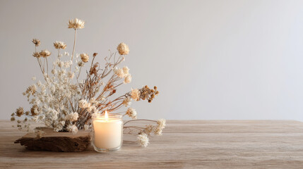 A cozy and peaceful still life featuring a lit candle, a bouquet of dried flowers, and a piece of wood on a textured wooden surface. Perfect for hygge, relaxation, and home decor themes