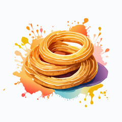 Artistic watercolor illustration of stacked golden churro rings with a ridged texture and vibrant color splashes.