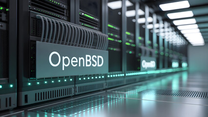 Server room with "OpenBSD" on racks, ideal for depicting secure data centers and robust IT infrastructure