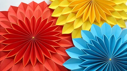 Intricate layered paper-cut shapes in bright hues of red, yellow, and blue, creating beautiful decorative floral rosettes.