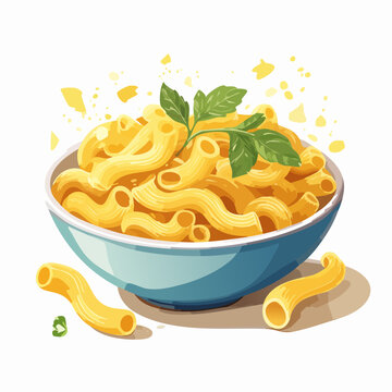 A delicious bowl of cavatappi pasta with a creamy cheese sauce, garnished with fresh basil leaves.