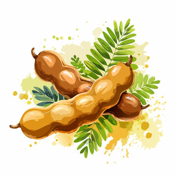 Artistic watercolor illustration of ripe brown tamarind pods with fresh green leaves.