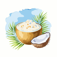 Artistic watercolor illustration of a coconut bowl with rice, a cracked coconut piece, and green palm fronds.