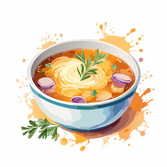 A vibrant watercolor illustration of a hearty soup bowl, garnished with fresh rosemary, onions, and a creamy swirl.
