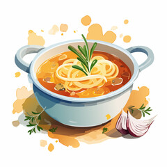 A stylized pot of hearty noodle soup with fresh rosemary garnish and garlic clove, in a watercolor illustration style.