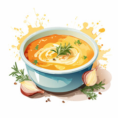 Stylized bowl of creamy pumpkin soup with fresh herbs, garlic, and a decorative cream swirl.