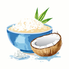 Watercolor illustration of coconut pudding in a blue bowl, topped with shredded flakes and garnished with green leaves, next to a halved coconut.