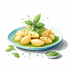Plated potato gnocchi with vibrant green pesto sauce and fresh basil garnish.
