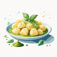 Delicious bowl of potato gnocchi with vibrant green pesto sauce, garnished with fresh basil leaves. Stylized food illustration.