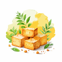 Golden fried tofu cubes stacked with fresh green leaves, watercolor style illustration.