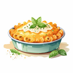 A delicious baked pasta casserole with creamy cheese sauce, garnished with fresh basil leaves in a stylized watercolor illustration.