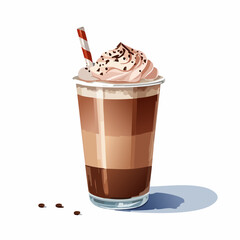 Layered iced coffee frappe in a clear cup with whipped cream and a red striped straw.