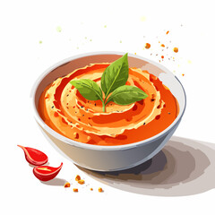 A vibrant bowl of creamy swirled tomato soup, garnished with fresh basil leaves and spices, in a stylized illustration.