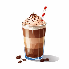 Layered iced coffee with whipped cream, chocolate drizzle, and a red and white striped straw.