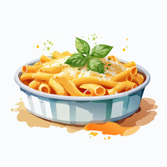 Watercolor illustration of a bowl of penne pasta with grated cheese and a fresh basil sprig garnish.