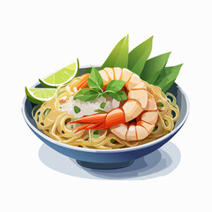 Vibrant illustration of an Asian noodle bowl with a large shrimp, fresh basil, and lime wedges.