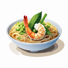 Stylized illustration of a savory bowl of shrimp noodles with fresh green herbs.