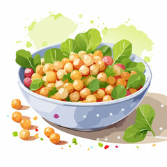 Illustrated chickpea salad with fresh greens and radishes in a light blue polka dot bowl.