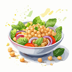 A fresh and healthy chickpea salad in a white bowl, with spinach, red onion, and tomato. Vector illustration style.