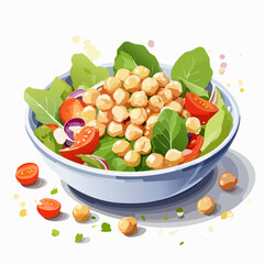 A fresh and healthy chickpea salad in a light blue bowl, with spinach, cherry tomatoes, and red onion, illustrated in a clean, modern style.