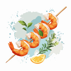 Appetizing grilled shrimp skewer with fresh basil, rosemary, and a lemon wedge.
