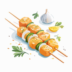 Illustrated grilled salmon kebabs with zucchini and onion, garnished with fresh herbs, garlic, and lemon.