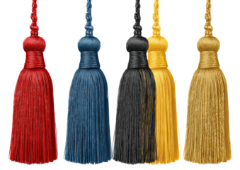 Four tassel decorations in various colors, affixed to cords