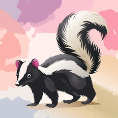Cute striped skunk illustration with pink ears and a large, fluffy, arched tail.