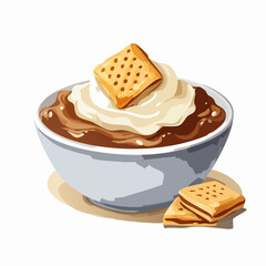 Rich chocolate pudding in a bowl, topped with a dollop of whipped cream and a golden square cracker.