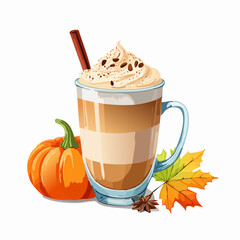 Illustrated pumpkin spice latte in a glass mug with whipped cream, cinnamon, a small pumpkin, and an autumn leaf.