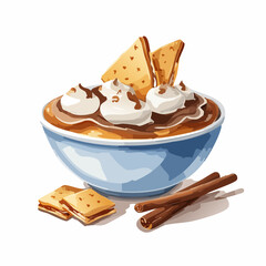 Illustrated bowl of chocolate s'mores dip with whipped cream, graham crackers, and cinnamon sticks.