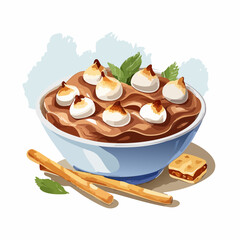 Creamy chocolate pudding in a blue bowl with toasted meringue peaks, mint garnish, and side biscuits.