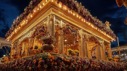 Golden Temple Adorned with Flowers at Night
