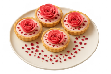 Four appetizing tarts decorated with pink icing roses sit on a white plate adorned with red sprinkles, all against a transparent background