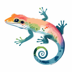 Fototapeta premium Vibrant watercolor gecko with a rainbow gradient, spiky back, and curled spiral tail.