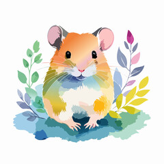 Colorful watercolor hamster with large ears and curious eyes, sitting upright among stylized botanical leaves.
