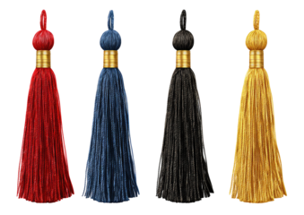 Four tassel ornaments in vibrant colors.  Each tassel features a brass-colored ring at the top and long, dense strands