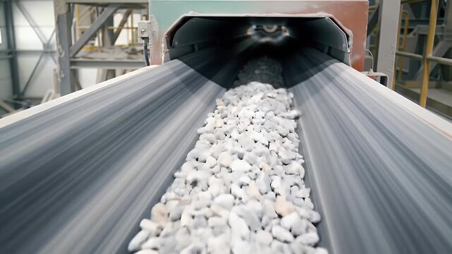 Barite Ore Processing Interior View Conveyor Belt Carrying White Barite Stones in Industrial Plant Showing Mineral Extraction Machinery Smooth Conveyor Belt Operation with Rock Aggregates in Mining