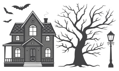 A classic black and white illustration set featuring eerie Halloween elements: a haunted Victorian house, a gnarled bare tree, a vintage street lamp, and flying bats, perfect for spooky designs, holid