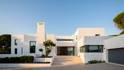 Fototapeta premium Modern White Villa Exterior with Clean Lines and Landscaping Under Blue Sky showcasing contemporary residential architecture and minimalist design concepts in real estate