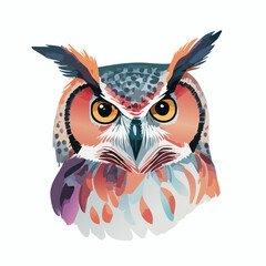 Stylized Great Horned Owl portrait with vibrant, graphic feathers and intense yellow eyes.